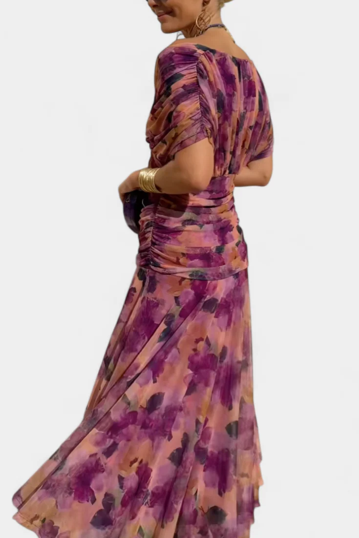 Robe longue à col en V et motif floral pour femme – Une tenue élégante et fluide