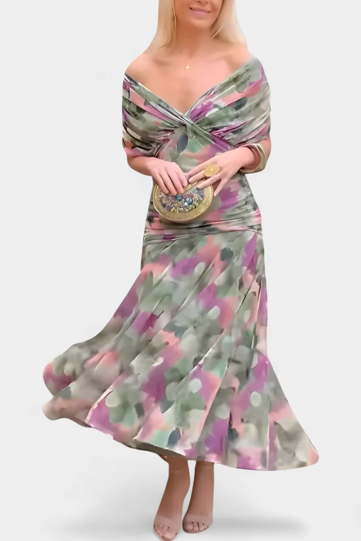 Robe longue à col en V et motif floral pour femme – Une tenue élégante et fluide