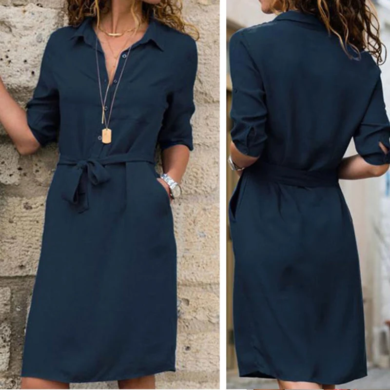 Robe chemise à manches longues et ceinture pour femme – Boutonnée style bureau et décontracté
