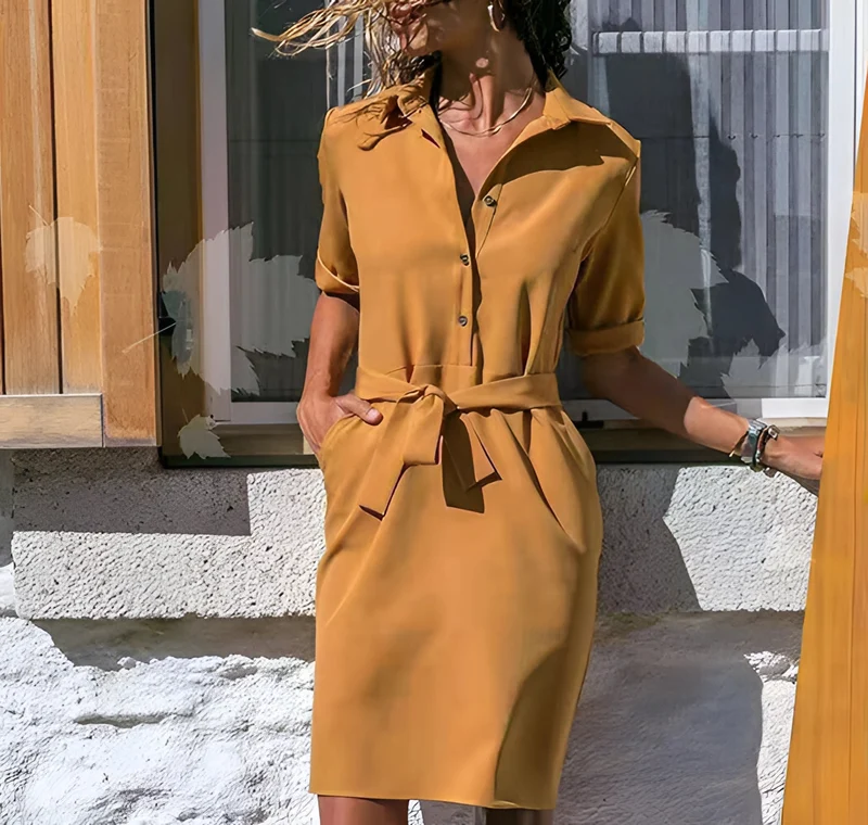Robe chemise à manches longues et ceinture pour femme – Boutonnée style bureau et décontracté