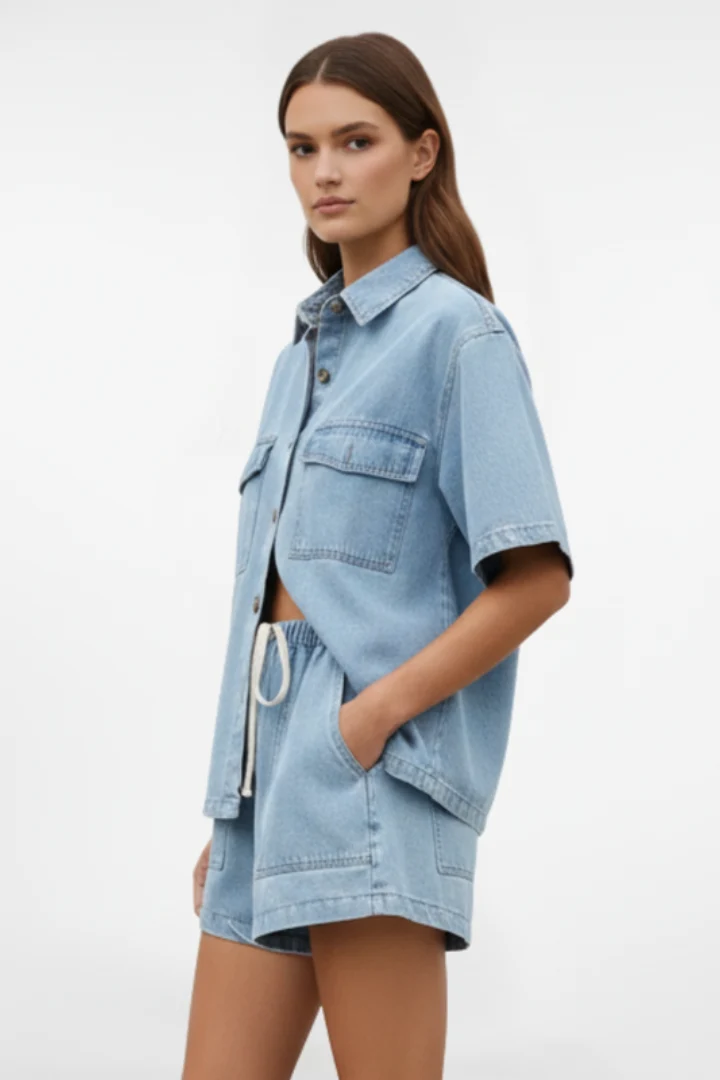 Ensemble Denim Femme - Veste à Manches Courtes et Short Taille Haute