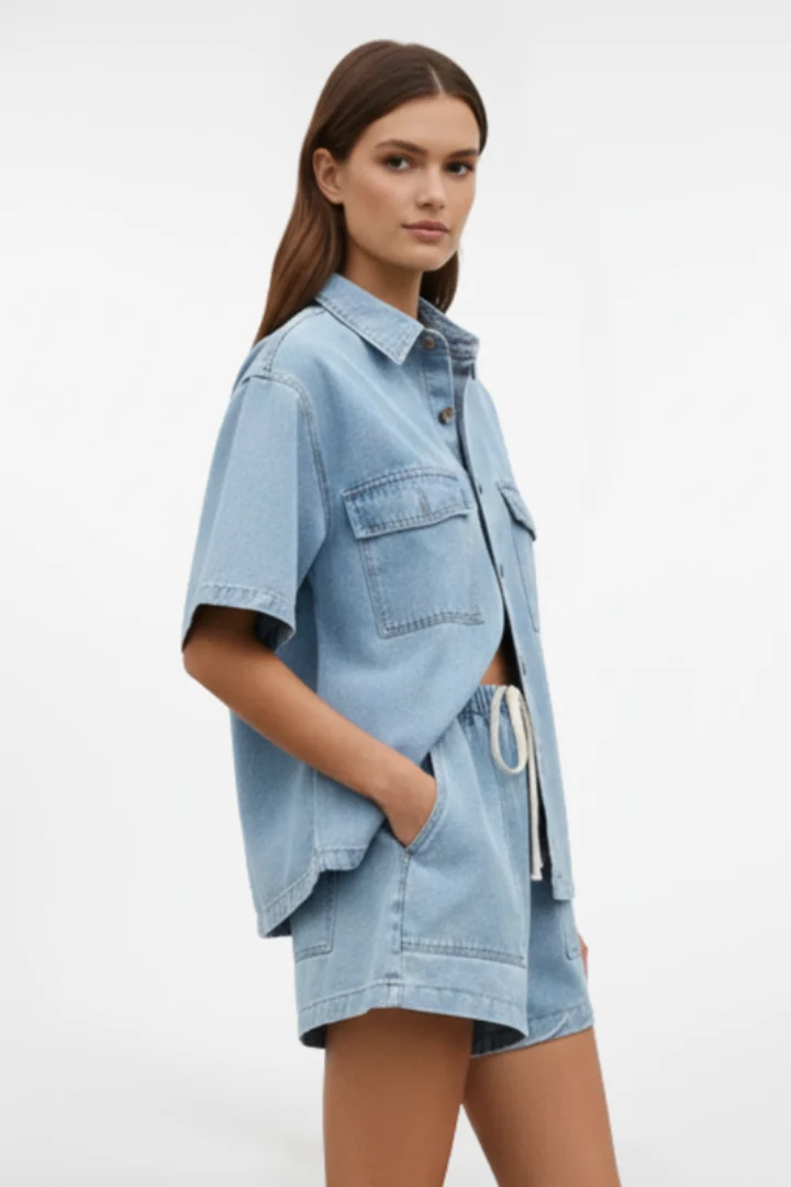 Ensemble Denim Femme - Veste à Manches Courtes et Short Taille Haute