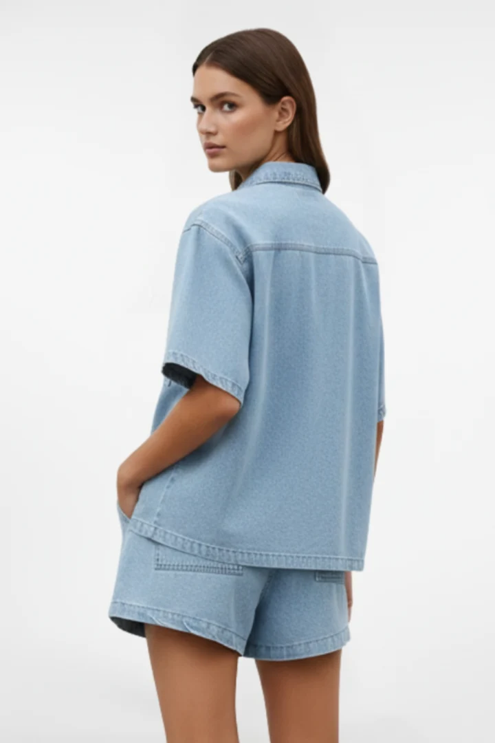 Ensemble Denim Femme - Veste à Manches Courtes et Short Taille Haute