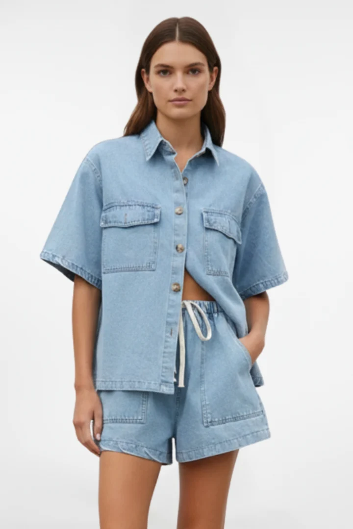 Ensemble Denim Femme - Veste à Manches Courtes et Short Taille Haute