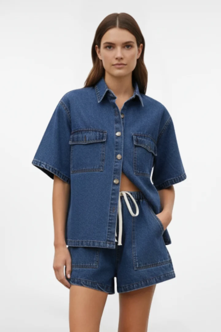 Ensemble Denim Femme - Veste à Manches Courtes et Short Taille Haute