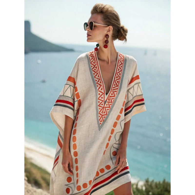 Robe Caftan Bohème Brodée Femme - Robe d'Été Élégante et Fluide