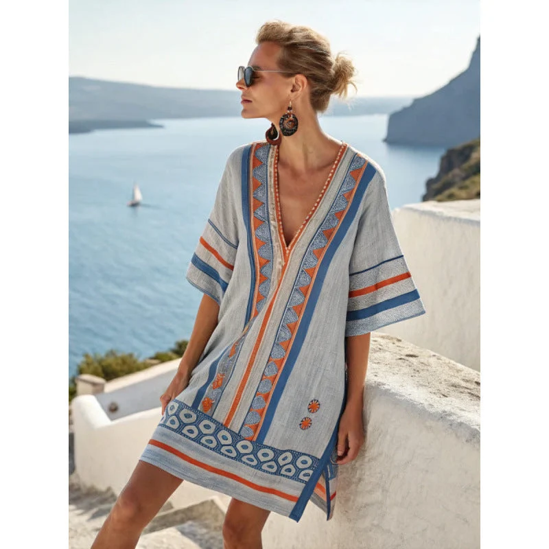 Robe Caftan Bohème Brodée Femme - Robe d'Été Élégante et Fluide