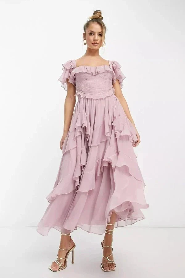 Ensemble midi rose à manches volantées avec détail corset pour femmes – Tenue deux pièces élégante