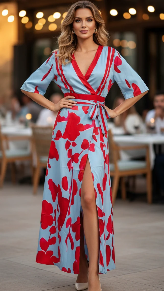 Robe longue imprimée florale élégante pour femmes – Col en V, manches courtes, style portefeuille
