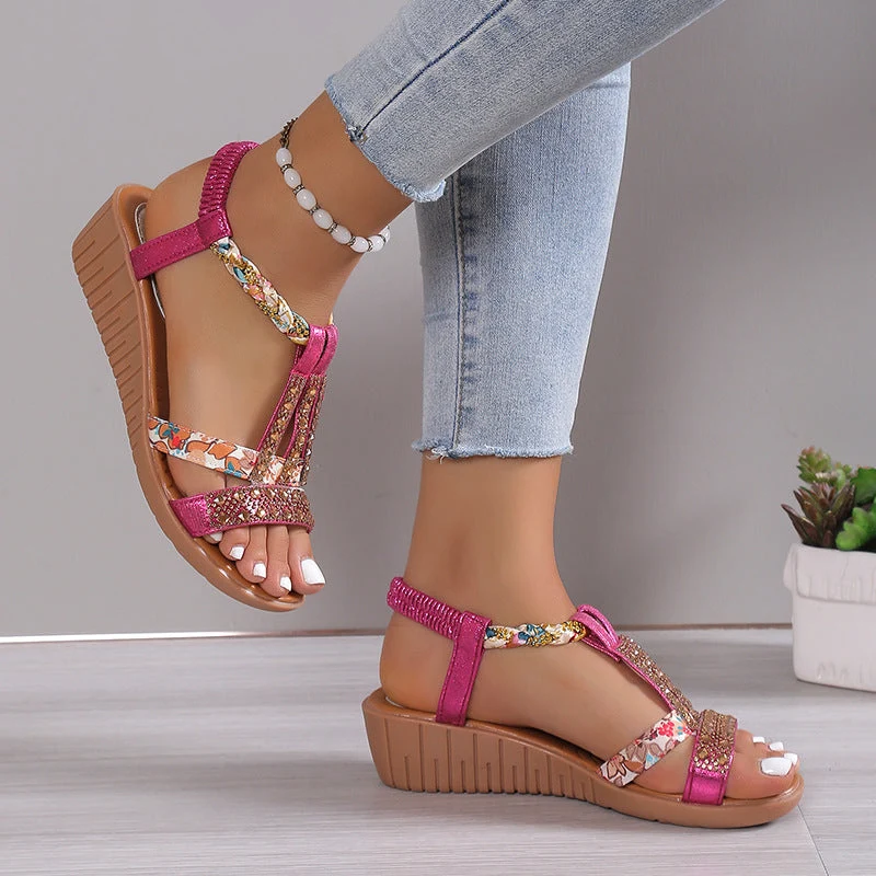 Sandales compensées boho élégantes pour femme avec strass – Ouvertes et confortables pour l’été