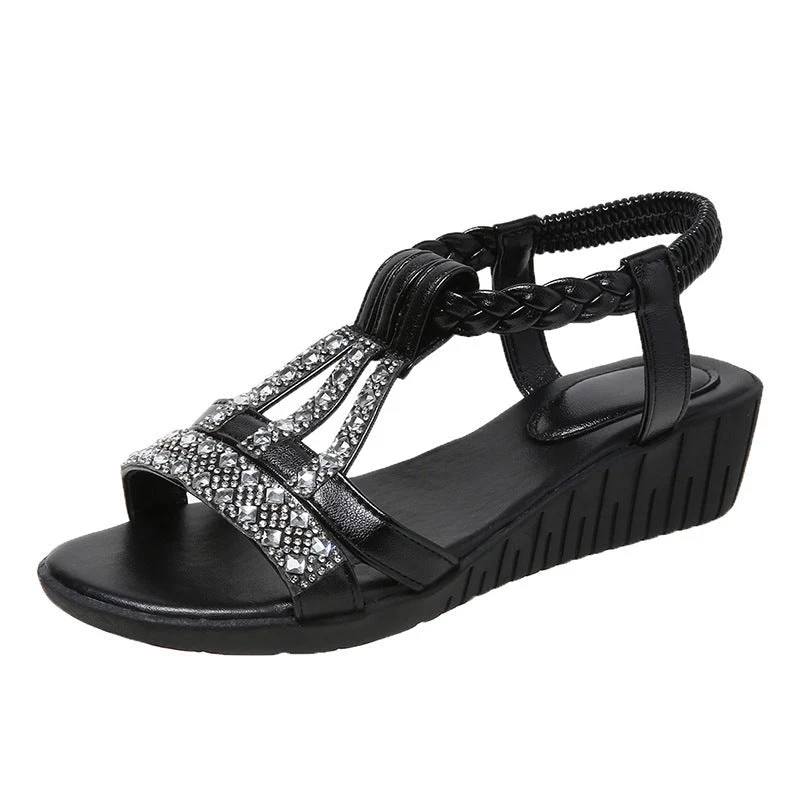 Sandales compensées boho élégantes pour femme avec strass – Ouvertes et confortables pour l’été