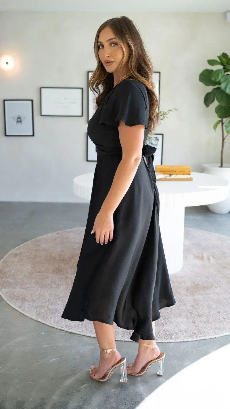Robe midi satinée élégante à col en V profond pour femme – Manches papillon et jupe fluide asymétrique
