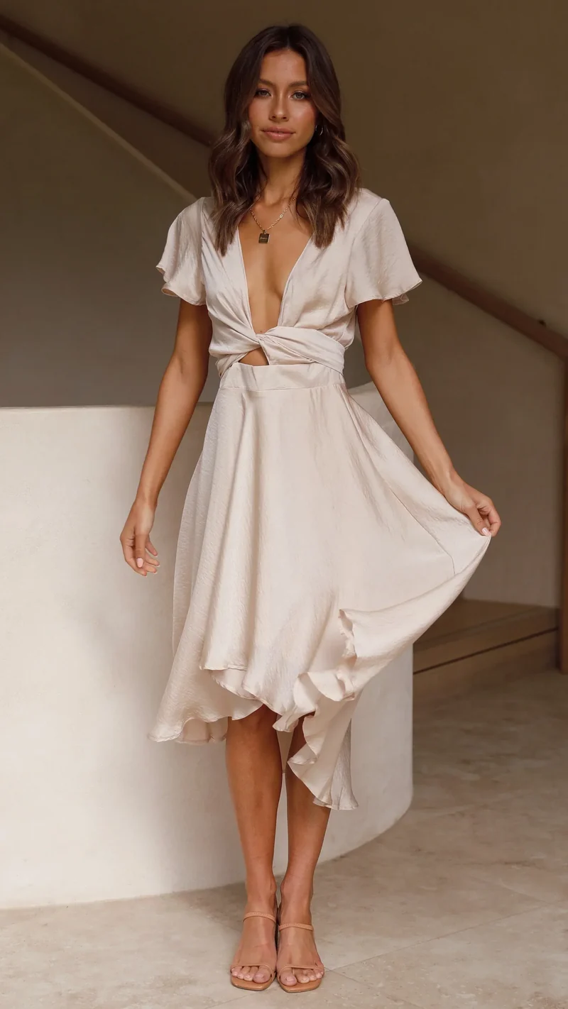 Robe midi satinée élégante à col en V profond pour femme – Manches papillon et jupe fluide asymétrique