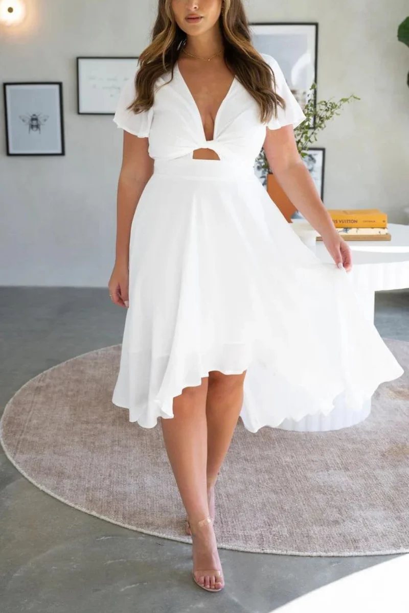 Robe midi satinée élégante à col en V profond pour femme – Manches papillon et jupe fluide asymétrique