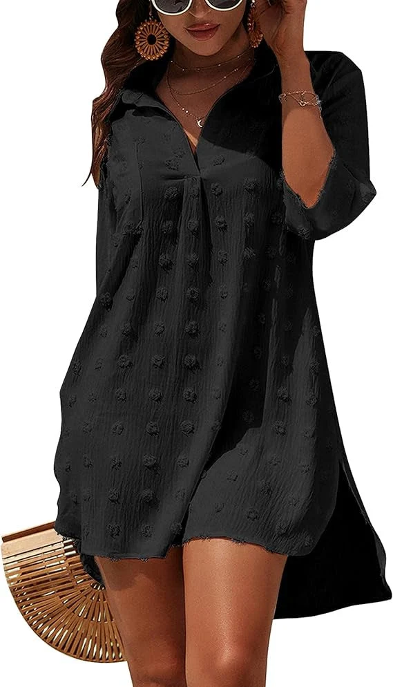Robe de plage unie pour femme – Style protecteur soleil manches trois-quarts