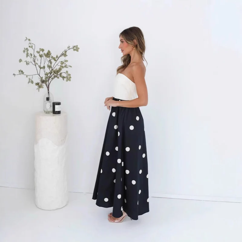 Robe maxi à patchwork à pois pour femme – Élégante robe tube A-line