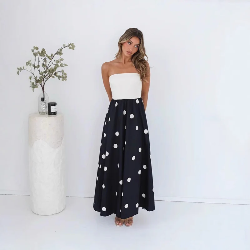 Robe maxi à patchwork à pois pour femme – Élégante robe tube A-line
