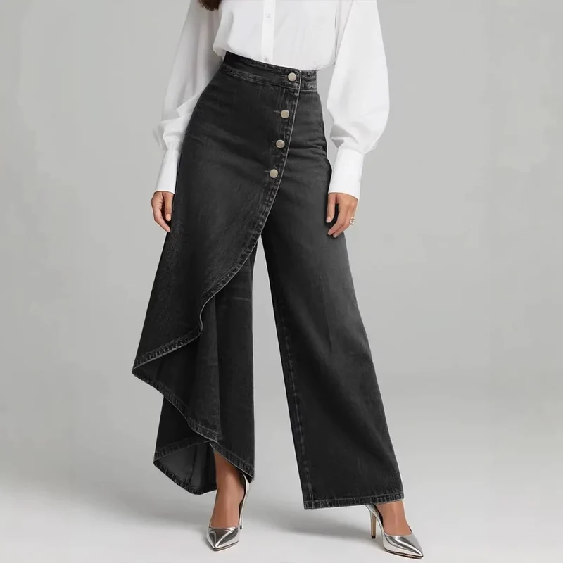Pantalon faux jean droit unique pour femmes – Pantalon mode avec boutons à volants