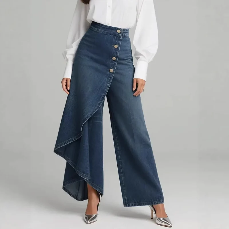 Pantalon faux jean droit unique pour femmes – Pantalon mode avec boutons à volants