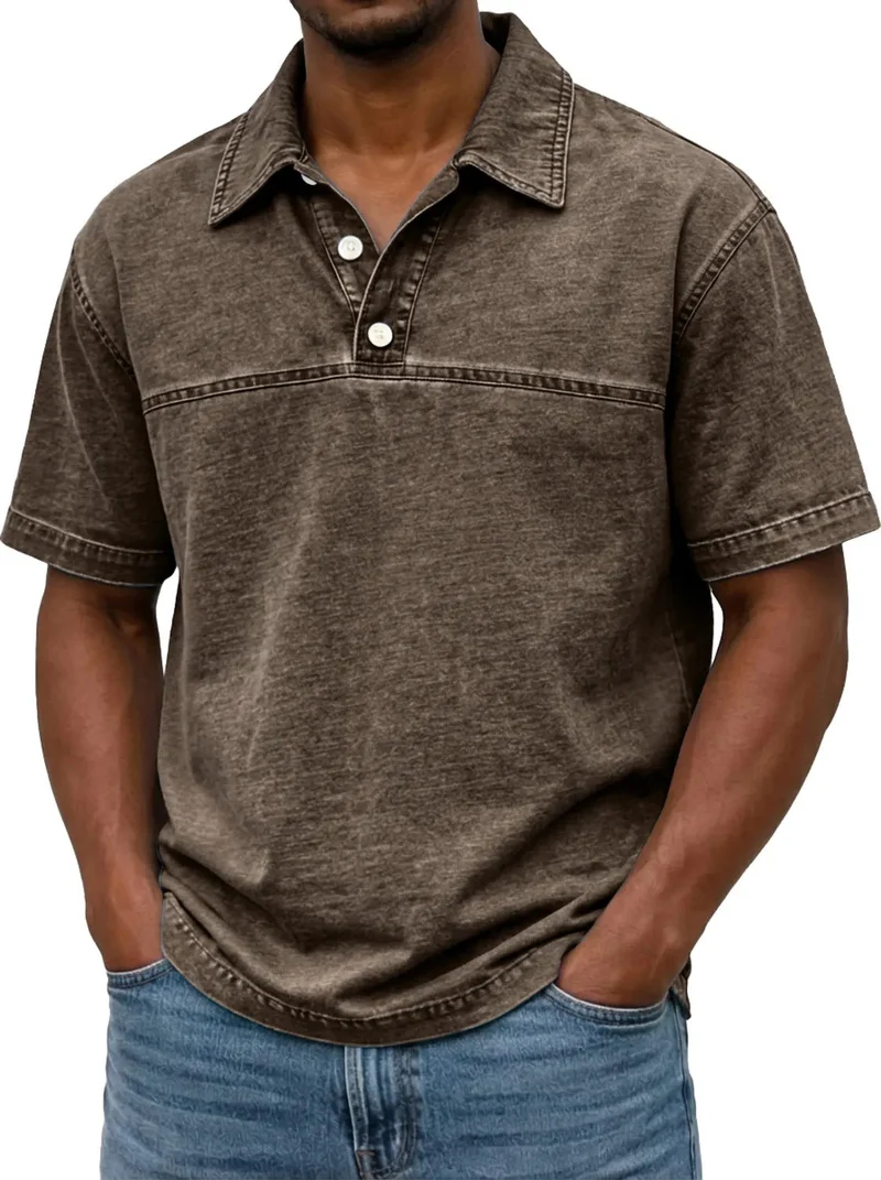 Polo pour hommes élégant couleur unie vintage – Haut à manches courtes