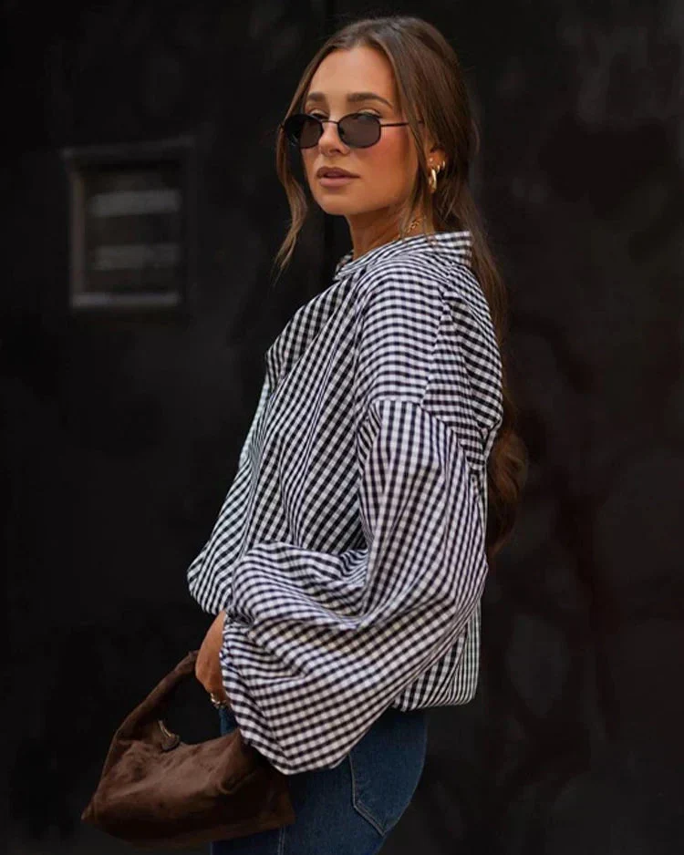 Chemise oversize élégante à carreaux pour femme – Manches ballon boutonnées