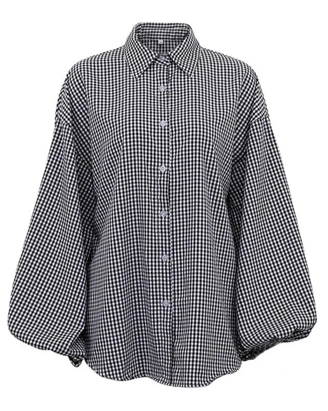 Chemise oversize élégante à carreaux pour femme – Manches ballon boutonnées