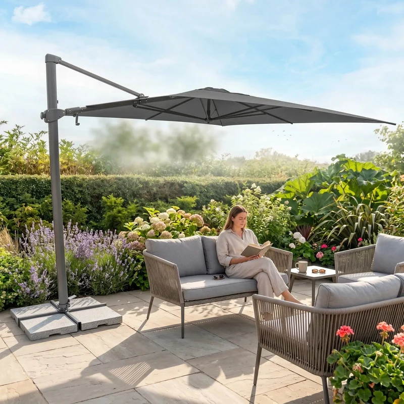 Outdoor Square Cantilever Parasol | Stylish Slate Garden Umbrella with LED Lights | Durable UV50+ Canopy