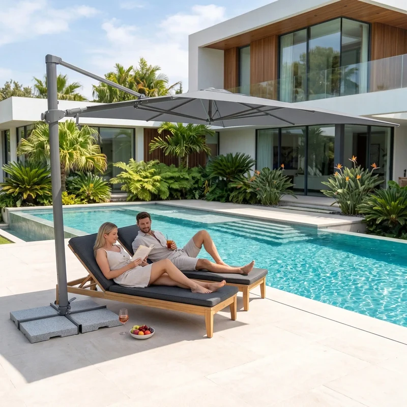 Outdoor Square Cantilever Parasol | Stylish Slate Garden Umbrella with LED Lights | Durable UV50+ Canopy