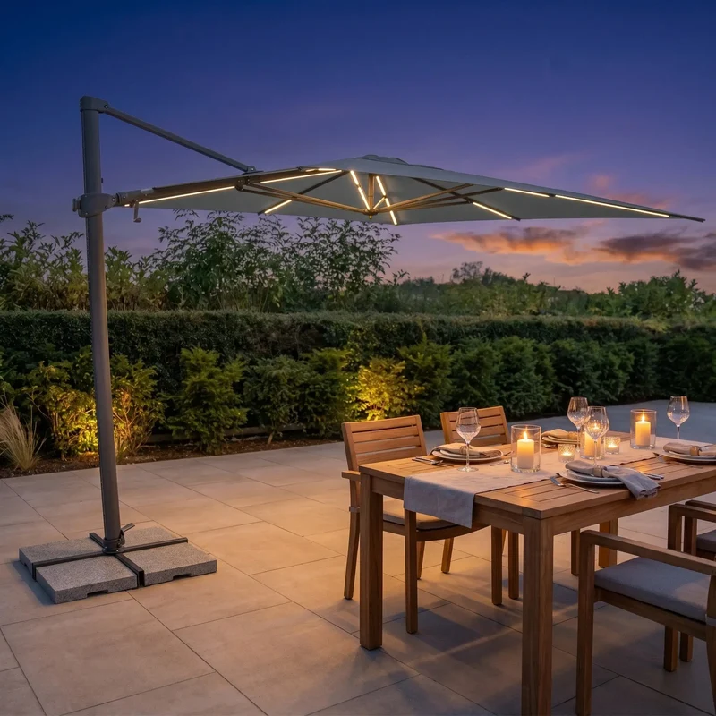 Outdoor Square Cantilever Parasol | Stylish Slate Garden Umbrella with LED Lights | Durable UV50+ Canopy