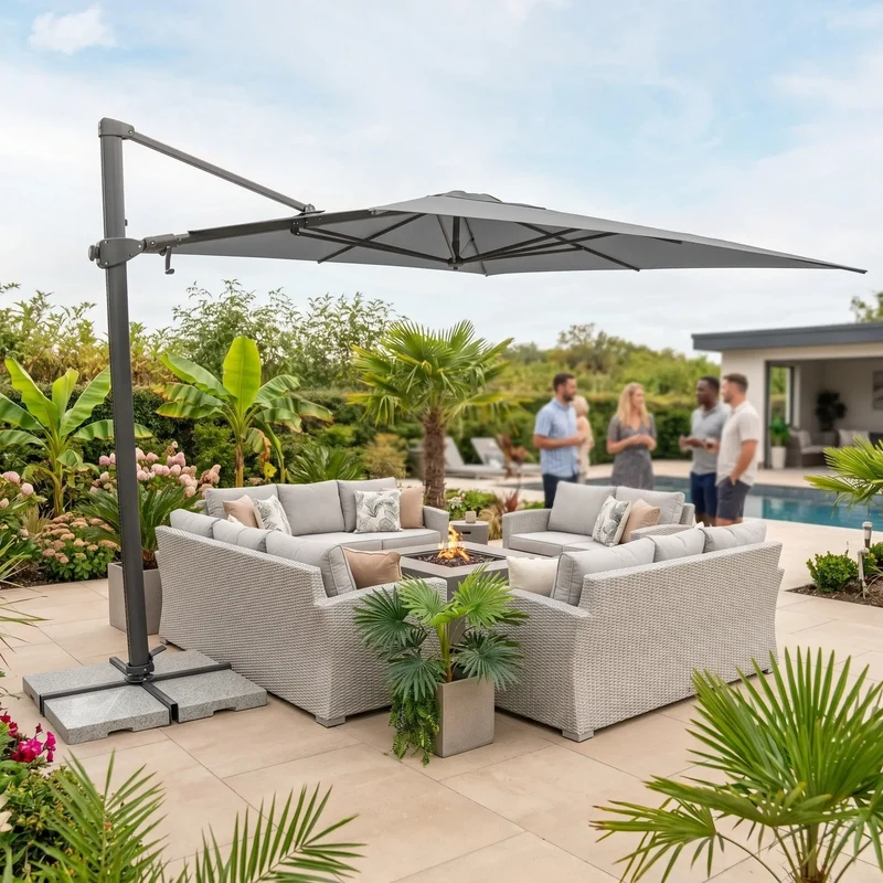Outdoor Square Cantilever Parasol | Stylish Slate Garden Umbrella with LED Lights | Durable UV50+ Canopy