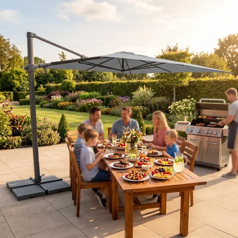 Outdoor Square Cantilever Parasol | Stylish Slate Garden Umbrella with LED Lights | Durable UV50+ Canopy