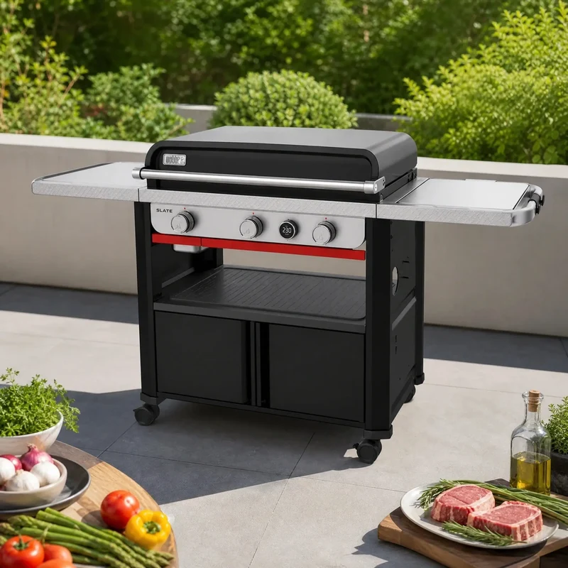 Premium 76cm Gas Griddle BBQ | 3-Burner Outdoor Cooking Station with Digital Temperature Display