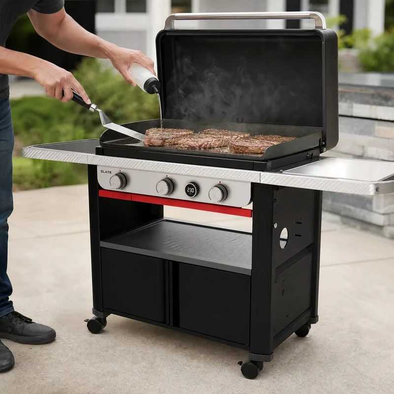 Premium 76cm Gas Griddle BBQ | 3-Burner Outdoor Cooking Station with Digital Temperature Display