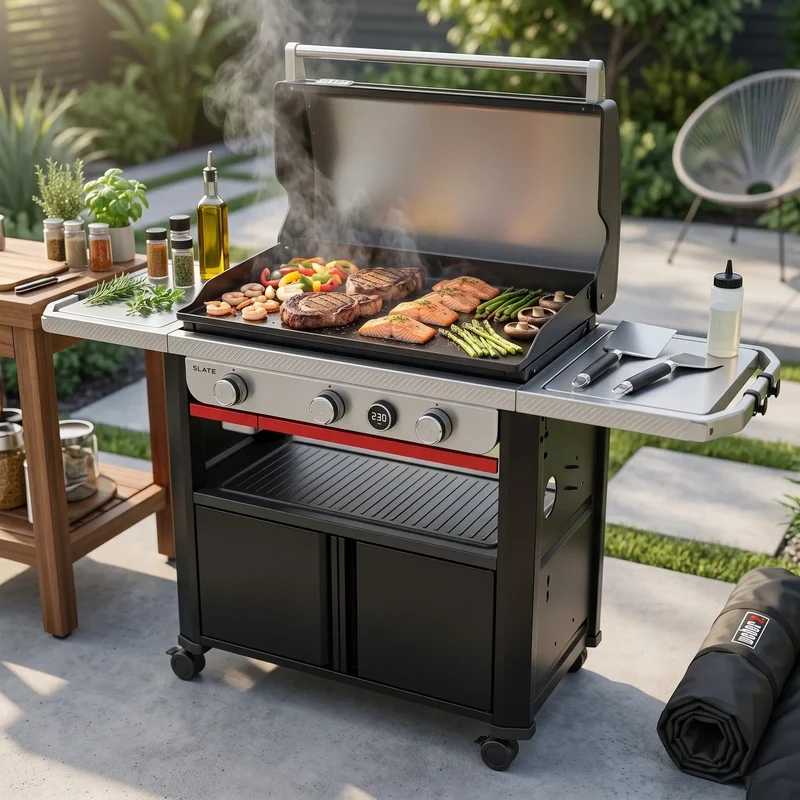 Premium 76cm Gas Griddle BBQ | 3-Burner Outdoor Cooking Station with Digital Temperature Display