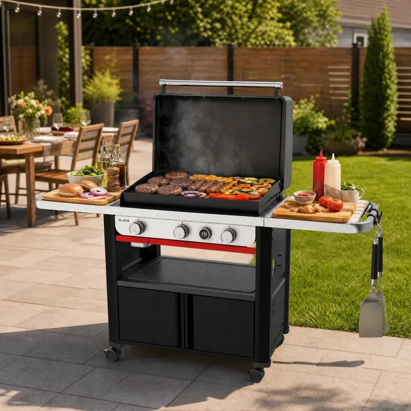 Premium 76cm Gas Griddle BBQ | 3-Burner Outdoor Cooking Station with Digital Temperature Display
