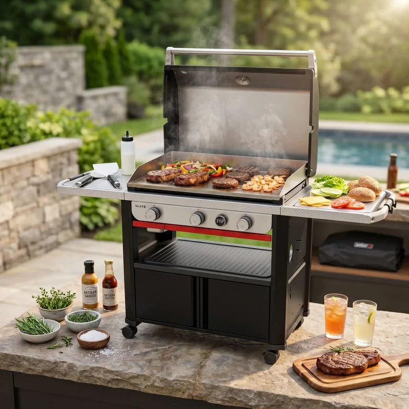 Premium 76cm Gas Griddle BBQ | 3-Burner Outdoor Cooking Station with Digital Temperature Display