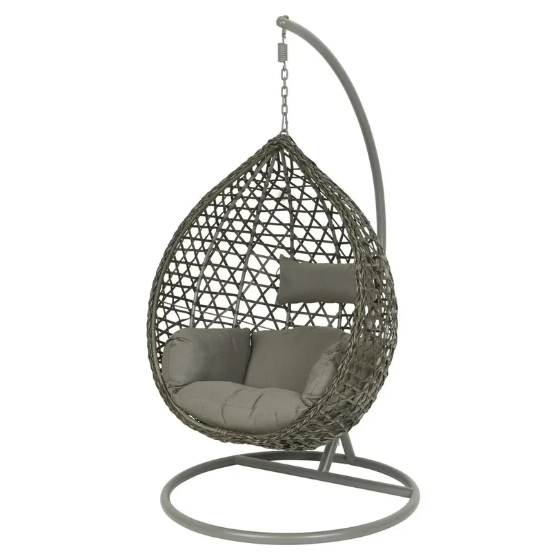 Grey Wicker Cocoon Swing Chair | Outdoor Hanging Egg Chair with Cushions & Steel Frame