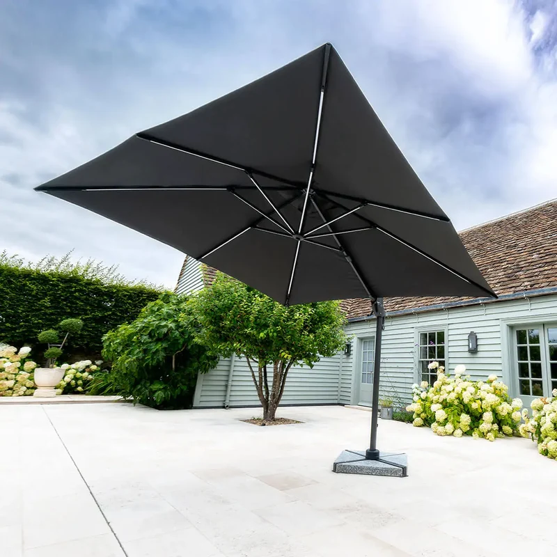 Premium 3m x 3m Cantilever Garden Parasol with LED Lights, 360° Rotation & Base Included