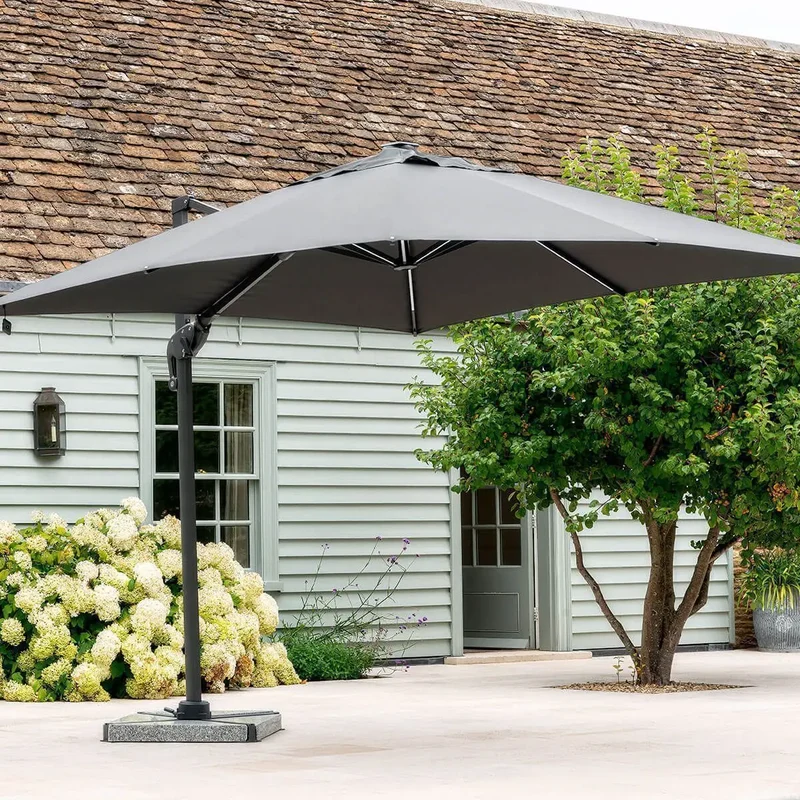 Premium 3m x 3m Cantilever Garden Parasol with LED Lights, 360° Rotation & Base Included
