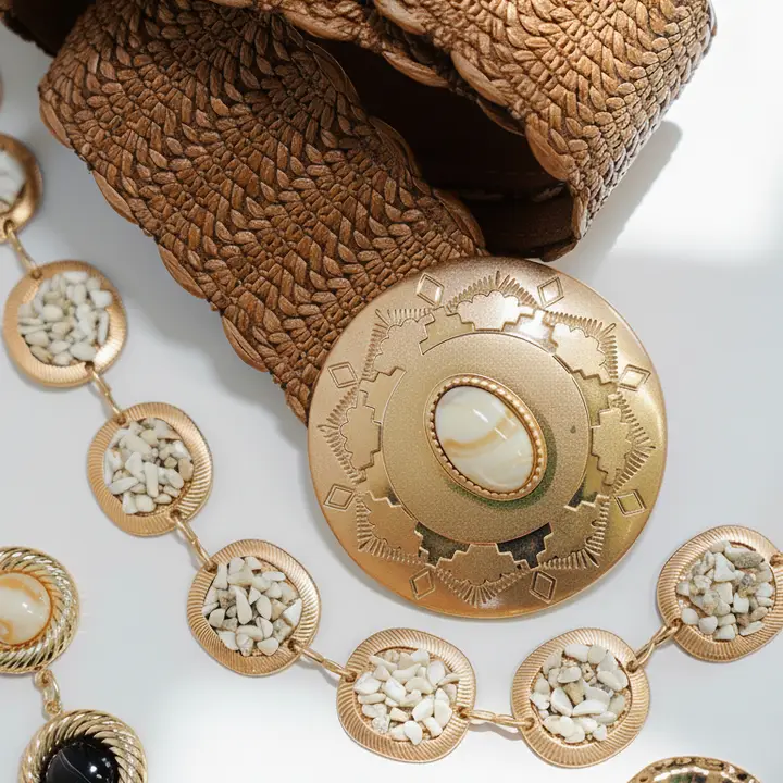 Textured Raffia Belt with Engraved Pearl Buckle