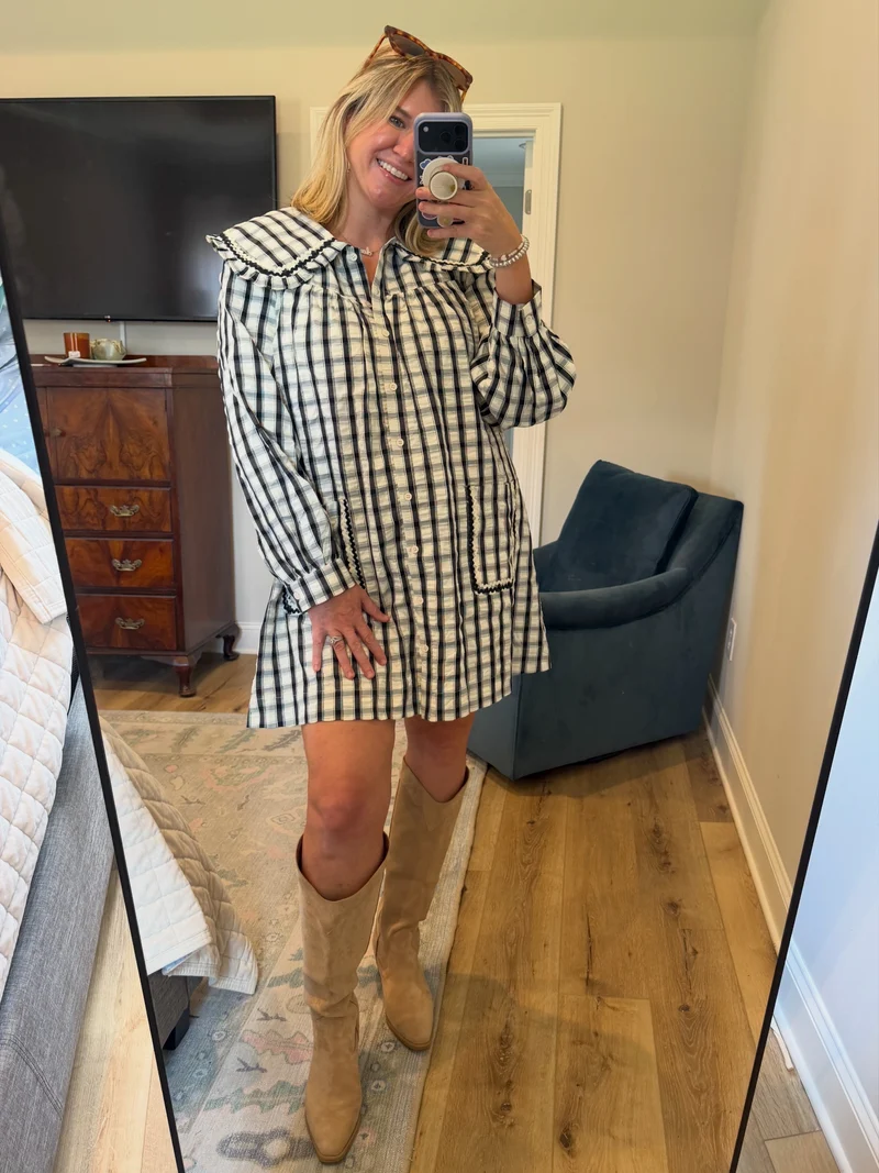 PETER PAN COLLAR BUTTON DOWN PLAID MINI : BLACK/CREAM (LM 0097)