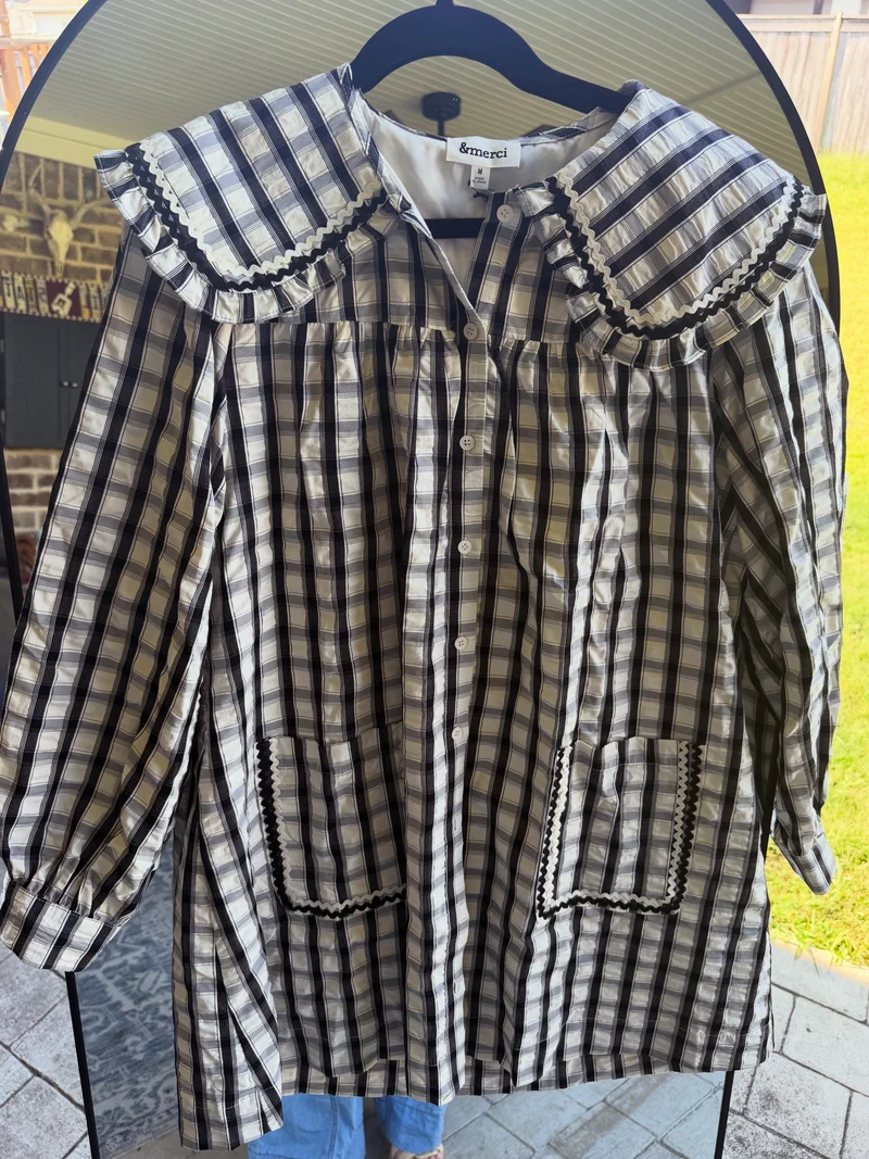 PETER PAN COLLAR BUTTON DOWN PLAID MINI : BLACK/CREAM (LM 0097)