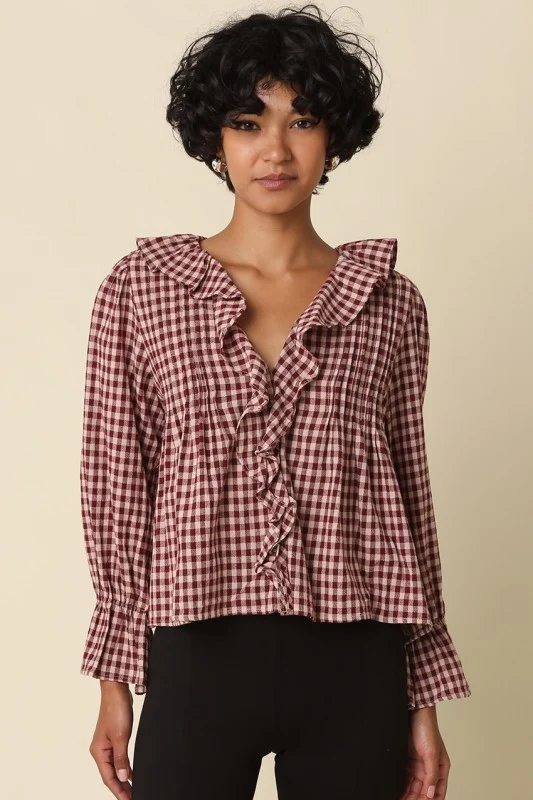 HAZEL GINGHAM BLOUSE - BURGUNDY/TAUPE (LM-0093)