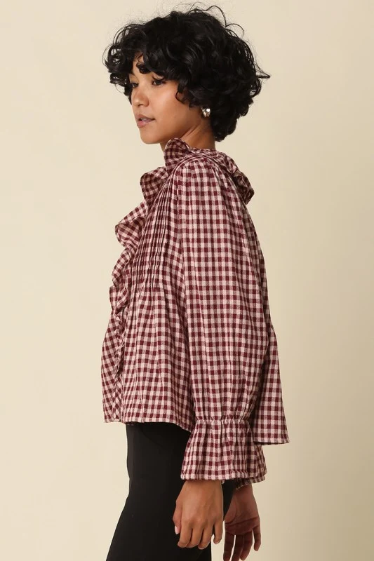 HAZEL GINGHAM BLOUSE - BURGUNDY/TAUPE (LM-0093)
