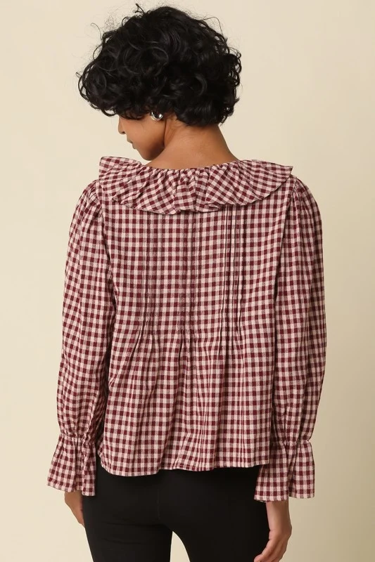 HAZEL GINGHAM BLOUSE - BURGUNDY/TAUPE (LM-0093)