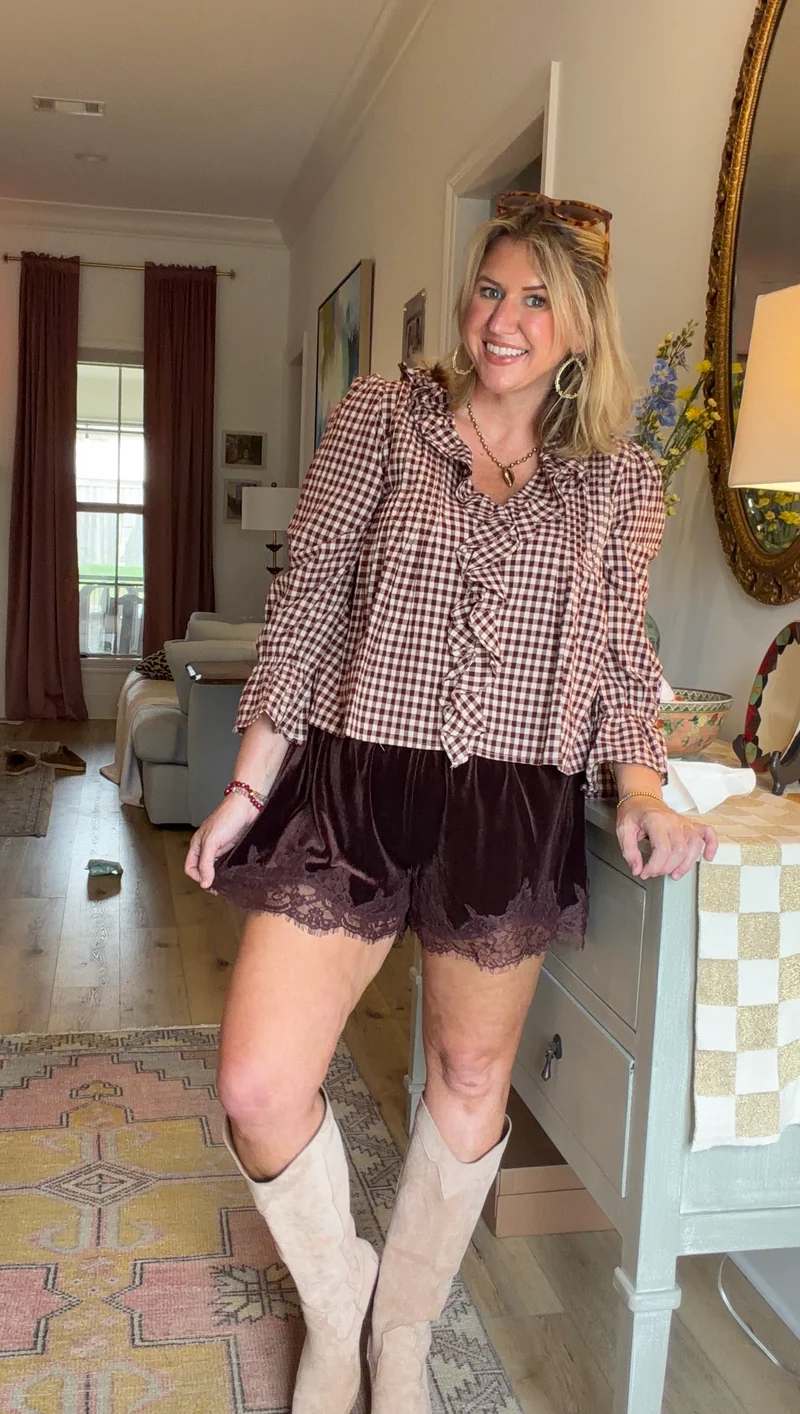 HAZEL GINGHAM BLOUSE - BURGUNDY/TAUPE (LM-0093)