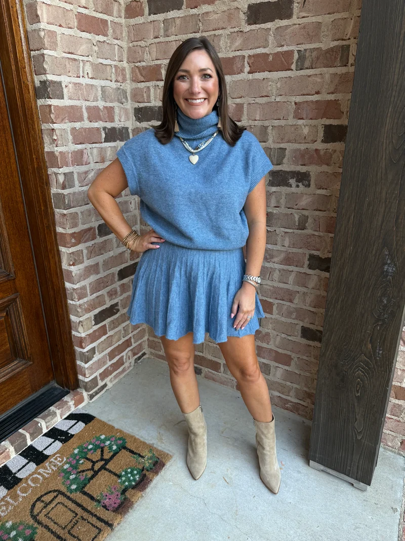 TURTLENECK TOP & PLEATED SKIRT SET : DUSTY BLUE (LM-0086)