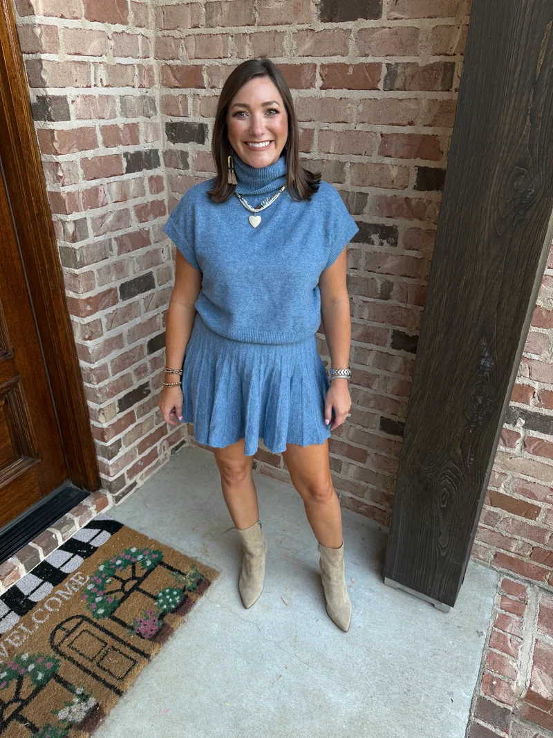 TURTLENECK TOP & PLEATED SKIRT SET : DUSTY BLUE (LM-0086)