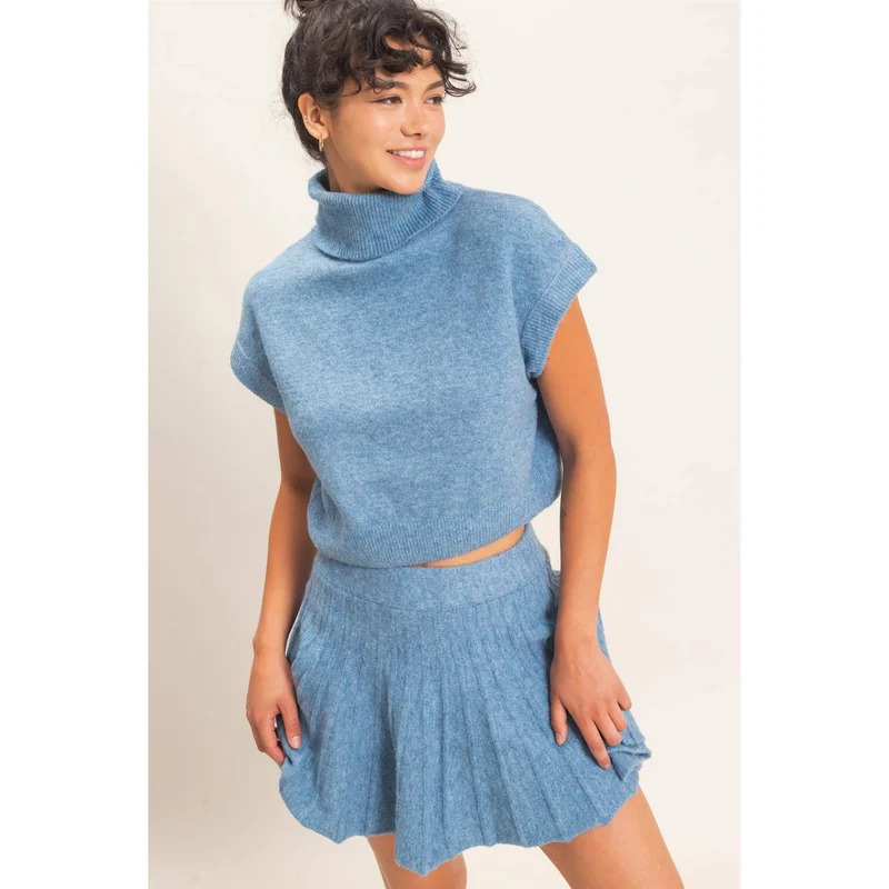 TURTLENECK TOP & PLEATED SKIRT SET : DUSTY BLUE (LM-0086)