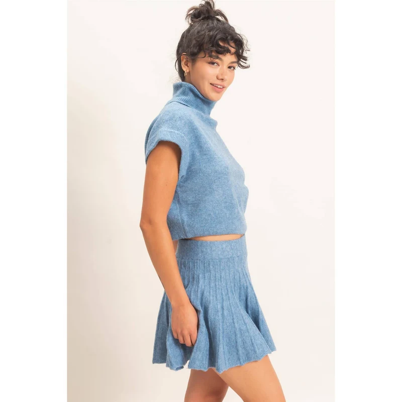 TURTLENECK TOP & PLEATED SKIRT SET : DUSTY BLUE (LM-0086)